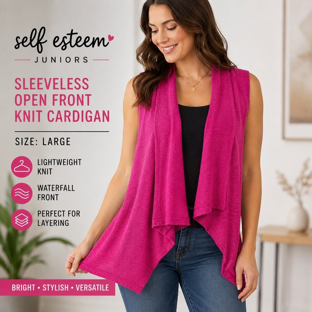 Self Esteem Womens Pink Knit Cardigan Vest Open Front Sleeveless Waterfall Large